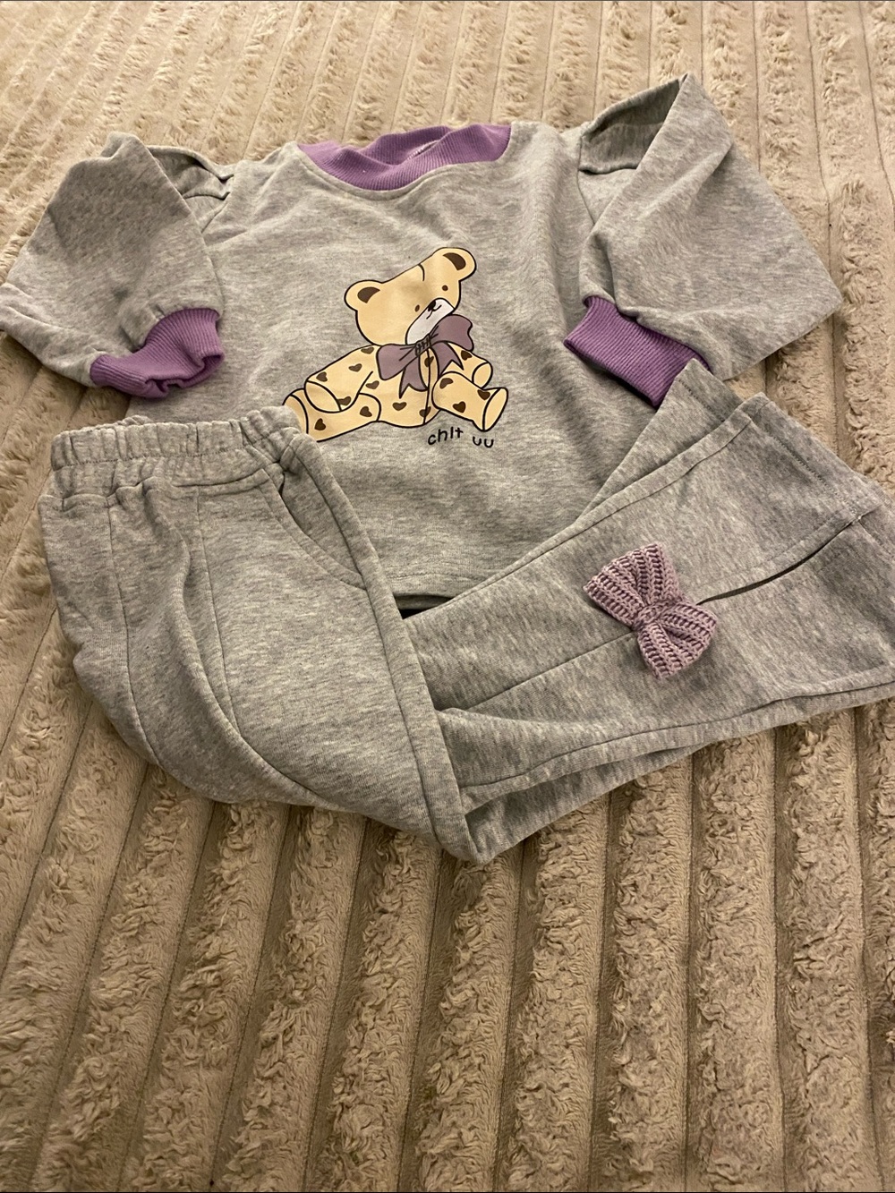 NWOT, Kids Grey Pullover Top with Purple Trim and Teddy Graphic Outfit